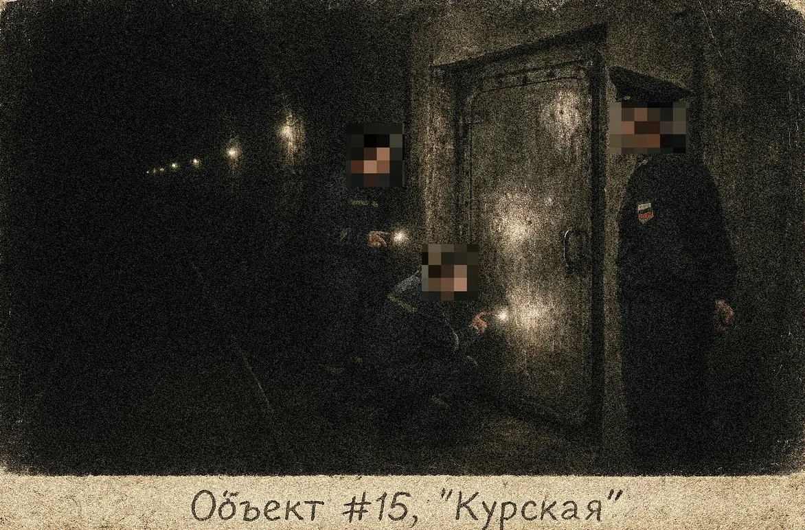 Объект №15, станция «Курская». Колонна людей с фонарями в тоннеле. Сентябрь 2013 года.